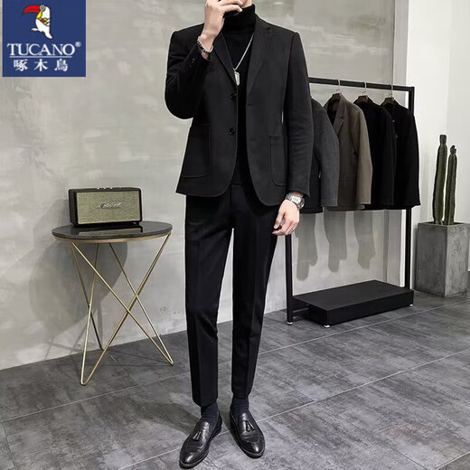 Woodpecker (TUCANO) autumn and winter thickened woolen small suit men's jacket slim fit casual Korean style handsome suit for men brown woolen + black sweater + velvet trousers set L