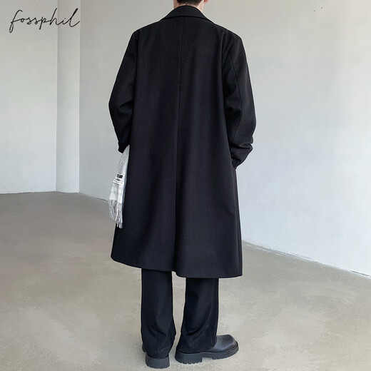 Foss Phil woolen coat men's autumn and winter trendy brand loose black high-end mid-length windbreaker jacket J251 black L