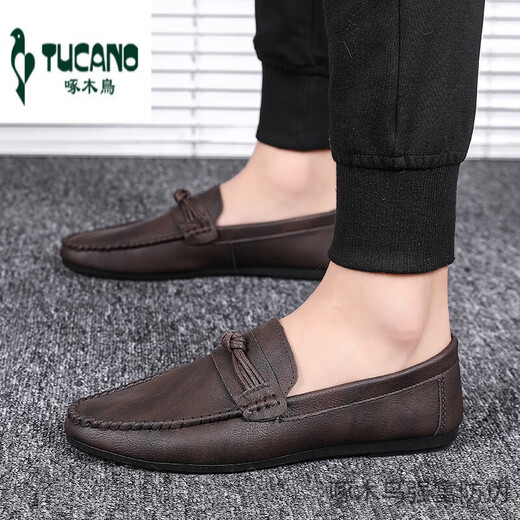 
Woodpecker Beanie Shoes Men's New Men's Shoes Summer Breathable Trend British Casual Leather Shoes Men's Real Leather D838 Brown 41