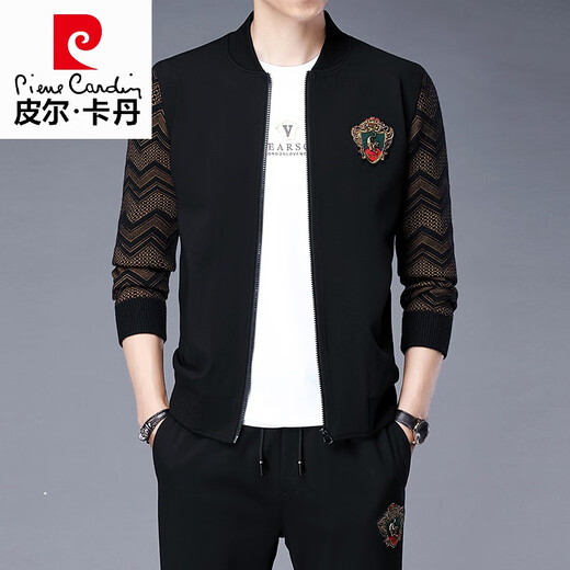 皮尔卡丹（pierre cardin）春秋新款高端品牌夹克套装男士青年休闲运动套装男潮流外套衣服 6629-黑色 2XL 180