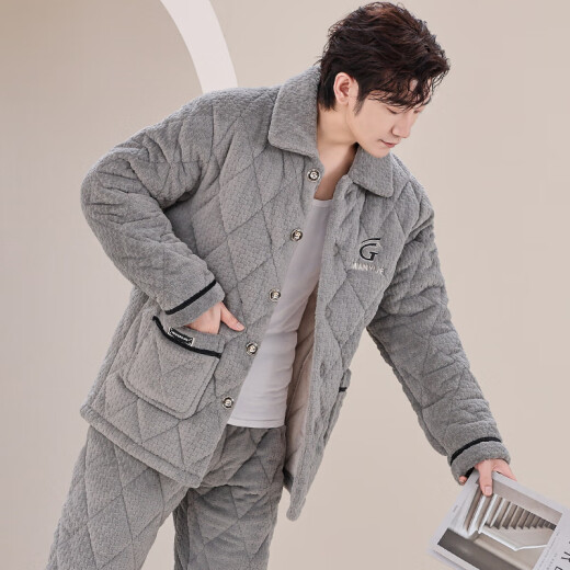 未萱大码湖南省服睡衣加绒加厚棉男士冬季三层夹棉袄法兰珊瑚绒 M6683 深棕色M6627 3层xL[95-120斤]三层加厚 均码