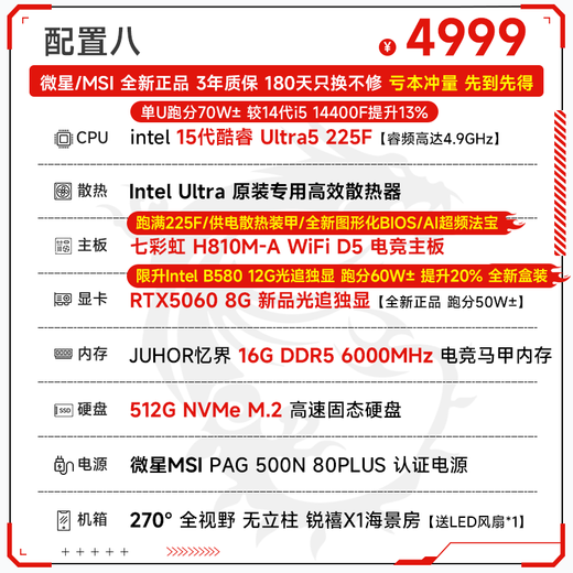 MSI i5 12400F/13400F/RTX3060/4060/5060Ti Black Myth Wukong game console computer desktop assembly computer host DIY complete machine configuration eight Ultra5 225F丨RTX5060 8G
