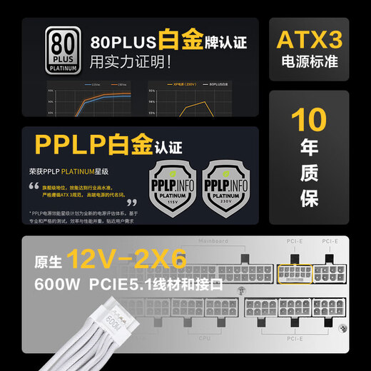 先马（SAMA）XP850W悟空版白PPLP/80PLUS双白金认证ATX3电源PCIE5.1/压纹线/14cmECO风扇/5080/