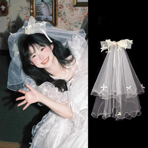 Shui Yunmiao bridal veil headdress wedding proposal fluffy yarn bow 2025 light luxury hair accessories wedding photo props headdress bow love veil 60cm hairpin style