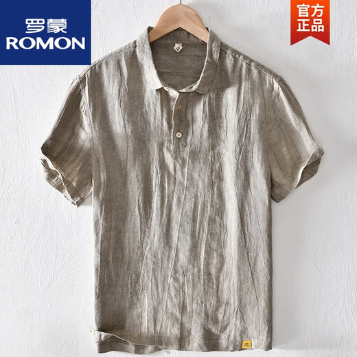 罗蒙（ROMON）中国风亚麻翻领短袖t恤男有带领麻布男装棉麻料T宽松衬衫领上衣服 msp795卡其色 M 120斤左右