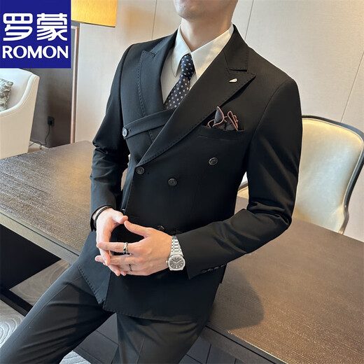 Romon brown double-breasted suit men's suit British slim men's large-size suit three-piece suit wedding groom's dress trend dark gray (suit + vest + trousers) 50/L (112-125Jin [Jin equals 0.5 kg])