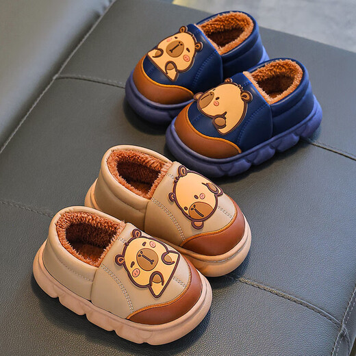 Kapibara children's cotton slippers for boys in autumn and winter 2025 new style for home and outdoor wear parent-child non-slip girls to keep warm upgraded version of environmentally friendly material light coffee (heel included) 12 36/37 size (suitable for 35/36 feet)