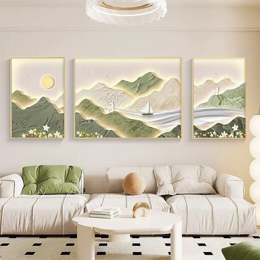 北欧日照金山客厅装饰画奶油风高级感风景山水画沙发背景墙挂画 K12529 左右40*60中80*60晶瓷金属