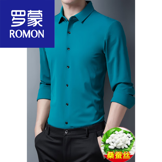 罗蒙（ROMON）男装 仿桑蚕丝衬衫男长袖免烫刺绣无痕衬衣秋季中年男士商务 黑色6221 165/80A