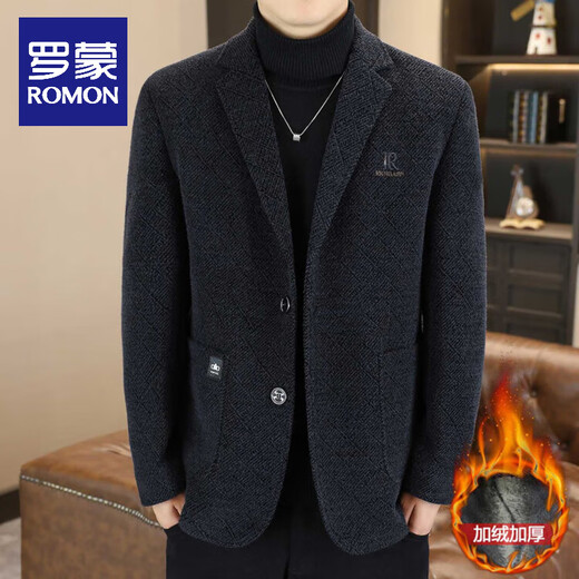 ROMON woolen casual suit men's jacket autumn and winter thickened velvet warm fashion small suit embroidered woolen jacket dark gray XL 120-140Jin Jin equals 0.5 kg