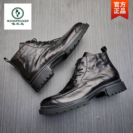 Woodpecker men's leather boots 2024 spring and autumn genuine leather high-top zippered Martin boots thick sole round toe business work boots men's boots black 41
