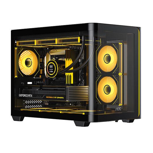 AOC Zhentian Bow CG355 schwarzer MATX-Desktop-Computer mit Meerblick, integriertes gebogenes Glas/360-Grad-Wasserkühlung/ARGB-Lichtleiste/linkes und rechtes Fach/Schnellverschluss-Design