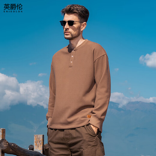 Enjeolon 330G Heavy Henley Collar Sweatshirt Men's 2024 Autumn New American Style Loose Pullover Top Brown 2XL