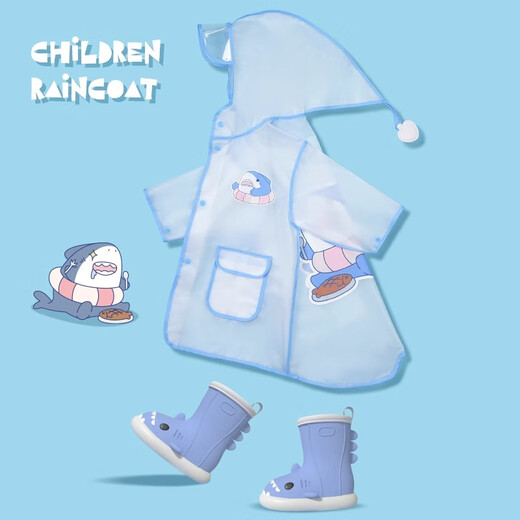 LATE TIME Shark Children's Raincoat Girls Waterproof Boy Kindergarten Raincoat Little Boy Rainproof Clothes Baby Raincoat Blue Fish-eating Shark Raincoat M 1 piece Recommended height 85-95cm