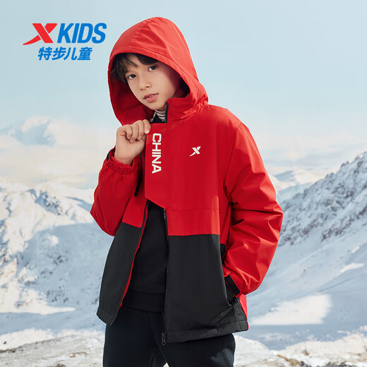 特步儿童童装男童中大童三防拼色摇粒绒时尚保暖风衣 宝钻红 170cm