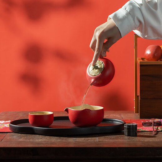 Wanqiantang (Edenus) high-end tea set Kung Fu tea set ceramic fruit tea set persimmon teapot tea tray tea cup everything goes well