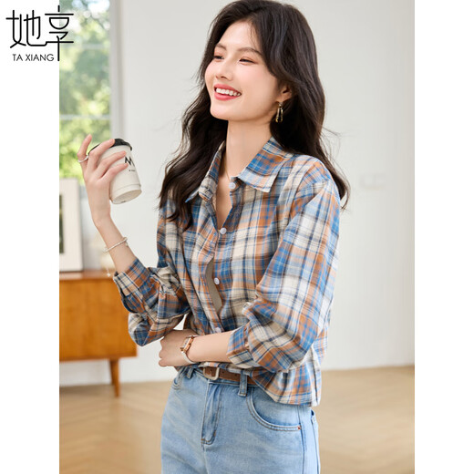 She enjoys long-sleeved shirt women's retro plaid shirt cardigan loose casual shirt jacket top women T143C2011