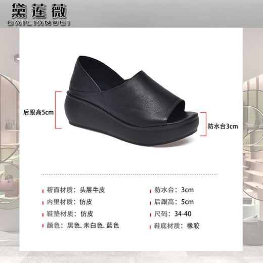 Dailianweist echtes Lederschwamm Sandalen für Frauen im Frühling und Sommer 2025 Neuer Stil Ferse Dicke alleinige Zwei-Wear-Fischschuhe weiße Kaufweißschuhe für Frauen schwarz 35 225 mm