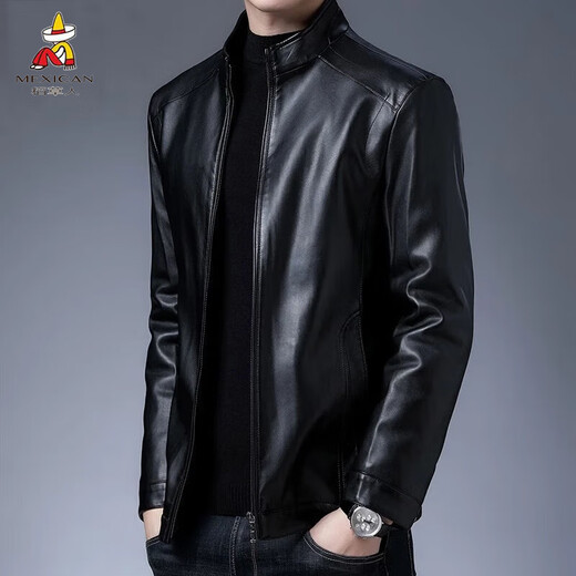 稻草人皮衣男秋冬新款加绒立领皮夹克男商务休闲外套仿皮机车服 黑色 2XL (185)