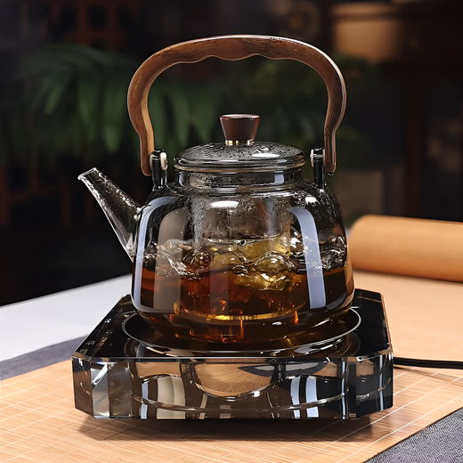 Full-length heat-resistant glass teapot, wooden handle and handle, steaming all-in-one, light luxury high-end electric ceramic stove tea maker, making tea around the stove, wood grain handle and handle kettle ash + Fuxitang silent pottery stove