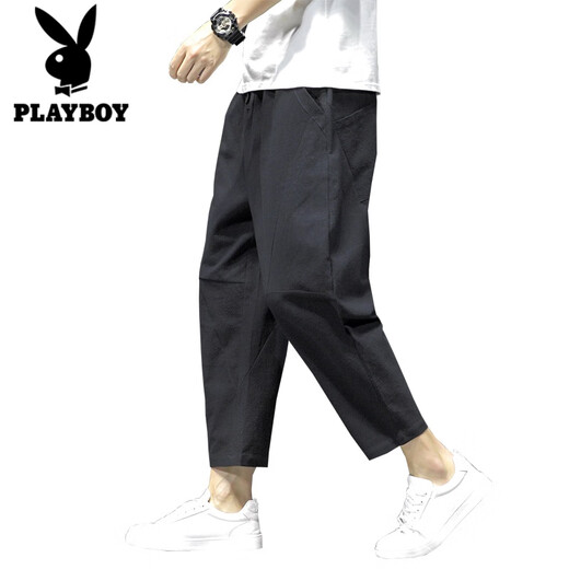 花花公子（PLAYBOY）亚麻九分裤男裤子棉麻哈伦裤日系复古休闲裤潮牌宽松灯笼裤薄 黑色 L 115-125斤