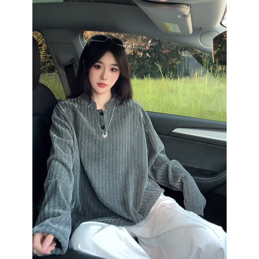 Sheman Lai herringbone pattern Henry collar sweatshirt men's autumn American style long-sleeved T-shirt men's inner layer POLO shirt base layer gray XL