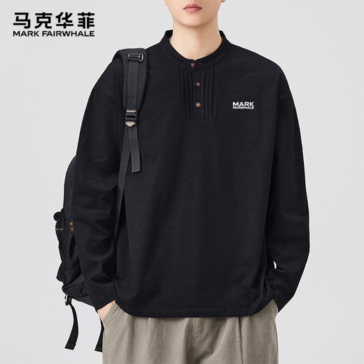 MARK FAIRWHALE American cotton long-sleeved T-shirt men's 2025 autumn sweatshirt casual Henry collar loose bottoming shirt top clothing dark gray XL recommended 130-150Jin Jin equals 0.5 kg