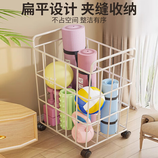 无不为瑜伽垫收纳筐家用带轮运动工具泡沫滚轴篮球整理健身器材置物架子 金色大号（带布艺）
