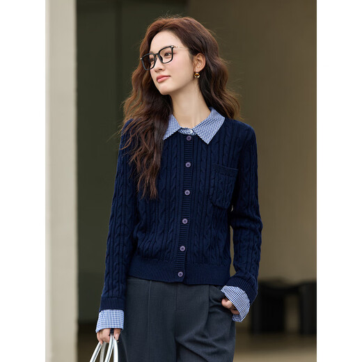 Fanximan navy blue fake two-piece knitted cardigan for women 25 years new winter contrast plaid lapel twist sweater 75265 navy S (recommended 90-100Jin Jin equals 0.5 kg)