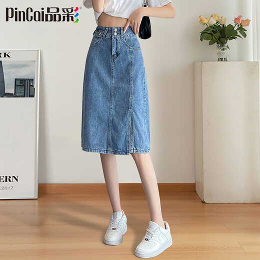 Pincai Denim Rock Frauen mit hoher Taille-Seitenschlitz schlanker Hüftrock modischer vielseitiger A-Line-Rock P13QB2910