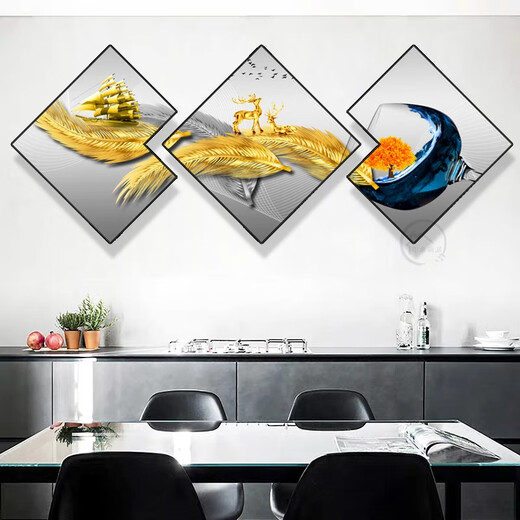 奥瀚现代餐厅装饰画创意酒杯多边菱形画歺厅餐桌背景墙挂画饭厅墙壁画 JD15832 40*40/40*40/40*40 纹理油画布铝合金黑框