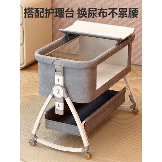安吉宝贝（ANGI BABY）新生儿婴儿床带尿布台可拼接大床宝宝床可移动哄睡神器 莫兰迪灰【尿布台+椰棕棕垫+蚊帐 其他 x 框架结构 x 组装