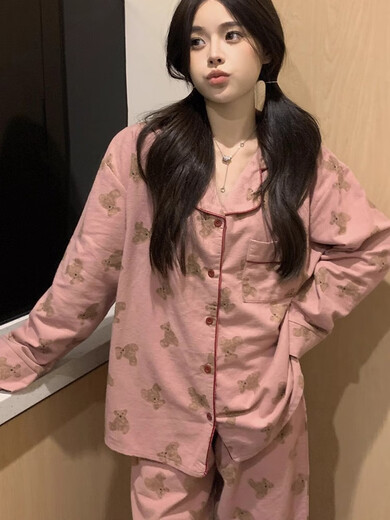 嘉绸韩版ins可爱小熊睡衣女春秋长袖日系卡通甜美少女学生家居服 9227爱心27 Y M 75-100斤