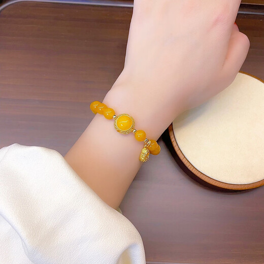 Holy glass golden yellow beeswax carved small shoe tassel bracelet showing white Nepal amber bracelet ancient retro style jewelry for women beeswax small shoe tassel bracelet