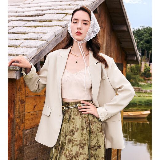 Betu women's autumn new suit national trend cuffs fashionable versatile suit jacket women 2408T60 apricot S