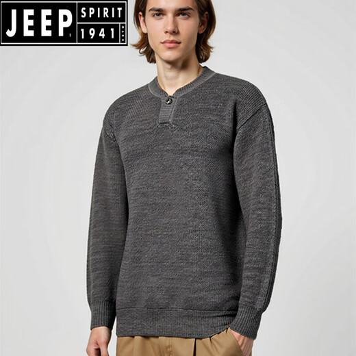 JEEP SPIRIT autumn and winter retro lazy style Henry collar sweater men's loose casual versatile knitted bottoming shirt thickened warm top camel S