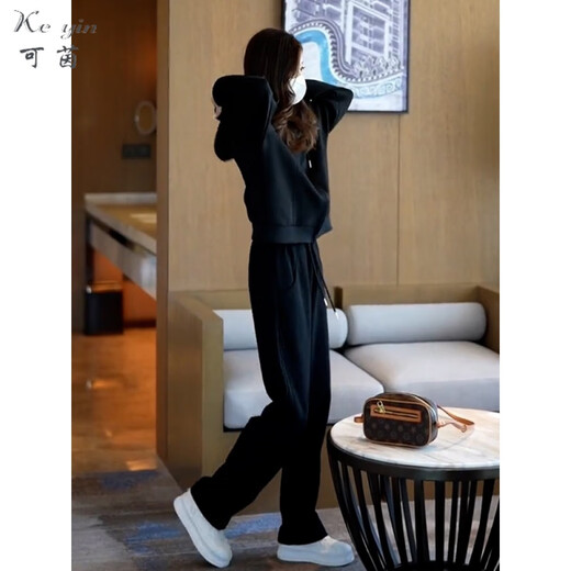 Keyin Sweatshirt Damen Frühling 2025 Neue Frauen loser lässiger Sportbekleidung Kapuze-Sweatshirt zweiteiliger Anzug Frauen trendy 9708 Black (Reißverschluss) m