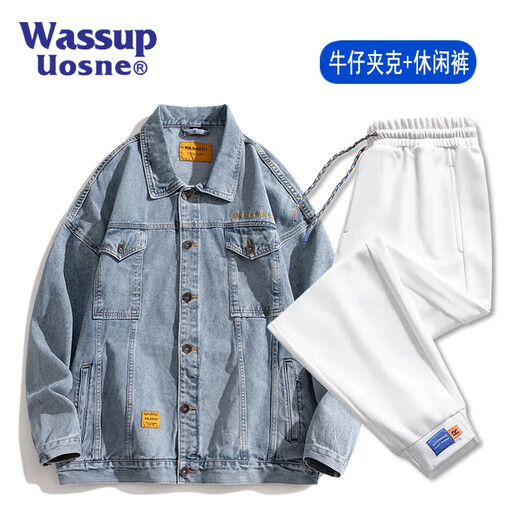 Wassup Uosne American Denim Jacket Men and Women Woîte Spring and Automne Vestes de travail pour la marque de mode jeunesse Pussy Uniforme de baseball de grande taille JK826 Blue + 2201 Black XL (recommandé 135-155jin [Jin est égal à 0,5 kg]))