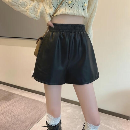 Miao Yijia Shorts Women's Autumn and Winter Black Leather Shorts Paired with Boots to Make Legs Longer High Waist Tight Hot Pants Hot Pants for Slimming Elastic Waist Leather Shorts L