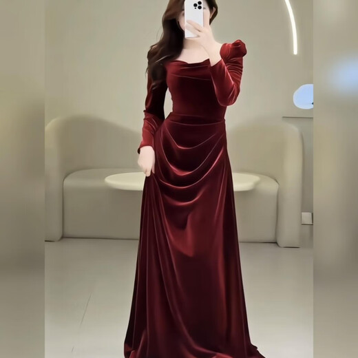 Long-sleeved square neck toast dress for brides new velvet fishtail dress spring engagement party dressing gown dress burgundy_length 140 cm L