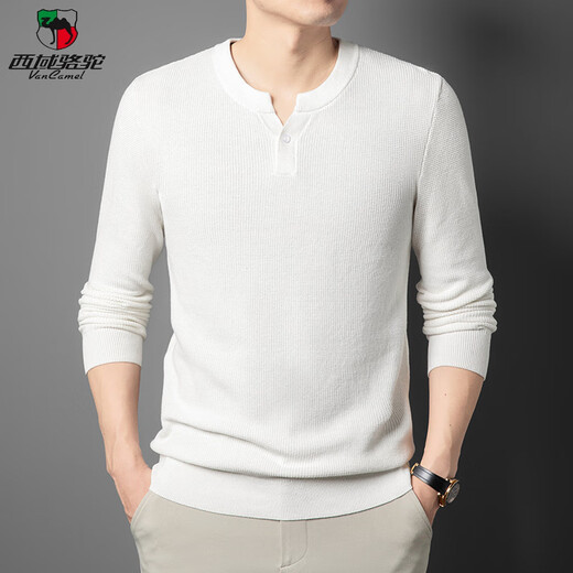 Western Camel (VANCAMEL) high-end pure cotton Henry collar men's sweater thickened autumn and winter new solid color anti-pilling pullover bottoming trendy long-sleeved black 4XL