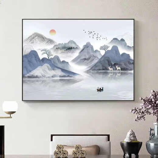 Sensual paintings New Chinese style landscape paintings Restaurant dining room decoration painting Atmospheric bedroom bedside hanging paintings Living room tea room background wall mural JD15673 120*80CM crystal porcelain aluminum alloy black frame