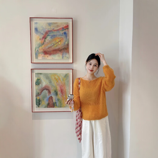 Su Yuwei pumpkin orange high-end lazy style v-neck sweater for women in autumn and winter sweet and soft glutinous inner sweater to cover the butt top orange Follow the store - free shipping insurance S (80-95Jin Jin is equal to 0.5 kg)