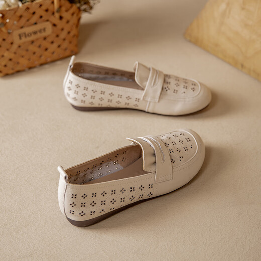 Kanglibi genuine leather soft sole mother shoes single shoes middle-aged and old comfortable and not tired leather shoes middle-aged and old young and non-slip women's shoes spring and autumn style 677 hole style beige soft sole soft surface very comfortable 39