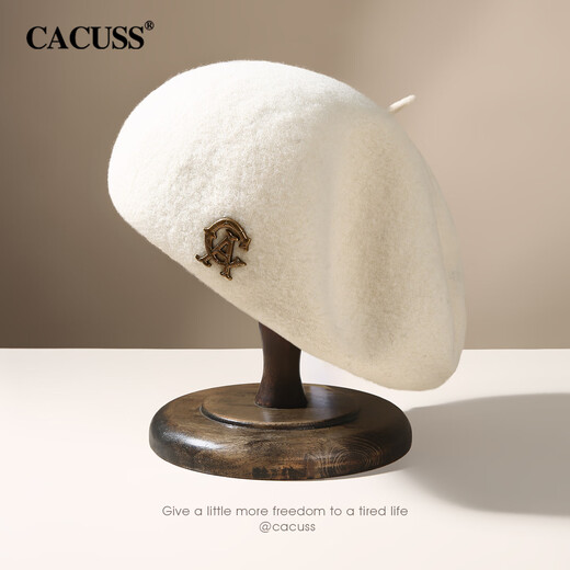CACUSS beret women's autumn and winter pure wool warm hat women's retro large head circumference showing face small painter hat beige