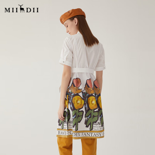 
Answer to the mystery retro printed dress 2024 summer new lapel strap waist-hugging mid-length skirt short sleeves 246ML7027 bright white L