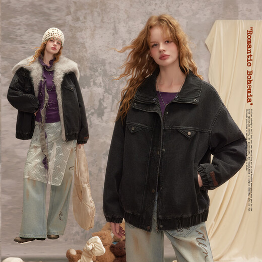 UNIFREE denim patchwork jacket for women in autumn loose and crisp motorcycle style thickened fur collar versatile top dark gray L