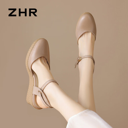 ZHR sandals for women, lightweight cowhide shoes for women, round toe heightening, heeling, women's series S223 nude color 37