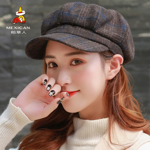 Scarecrow (MEXICAN) Hat Women's Autumn and Winter Cute Korean Versatile Japanese Painter British Newsboy Hat Octagonal Hat Beret Woolen-Red