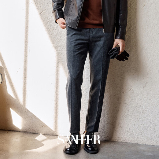 SANHEER Italian business gentleman high-end custom-woven thick woolen autumn and winter men's slim casual trousers DBS081 dark gray 33